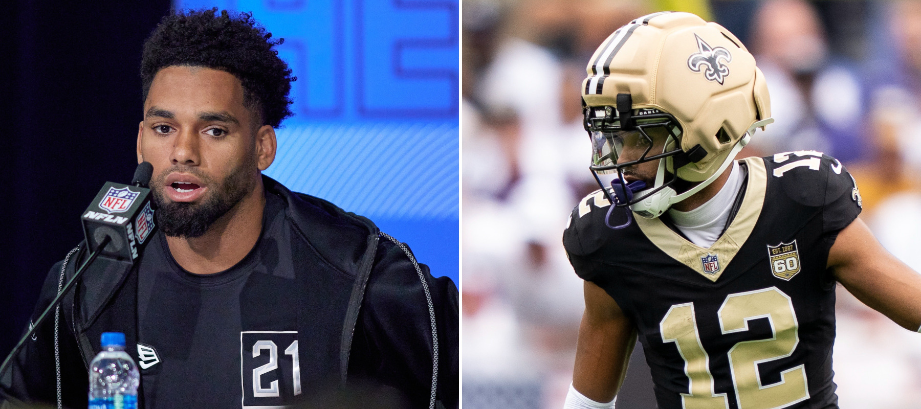 On the left, Chris Olave answers questions on stage, and on the right, Olave wearing a Guardian Cap on the football field.