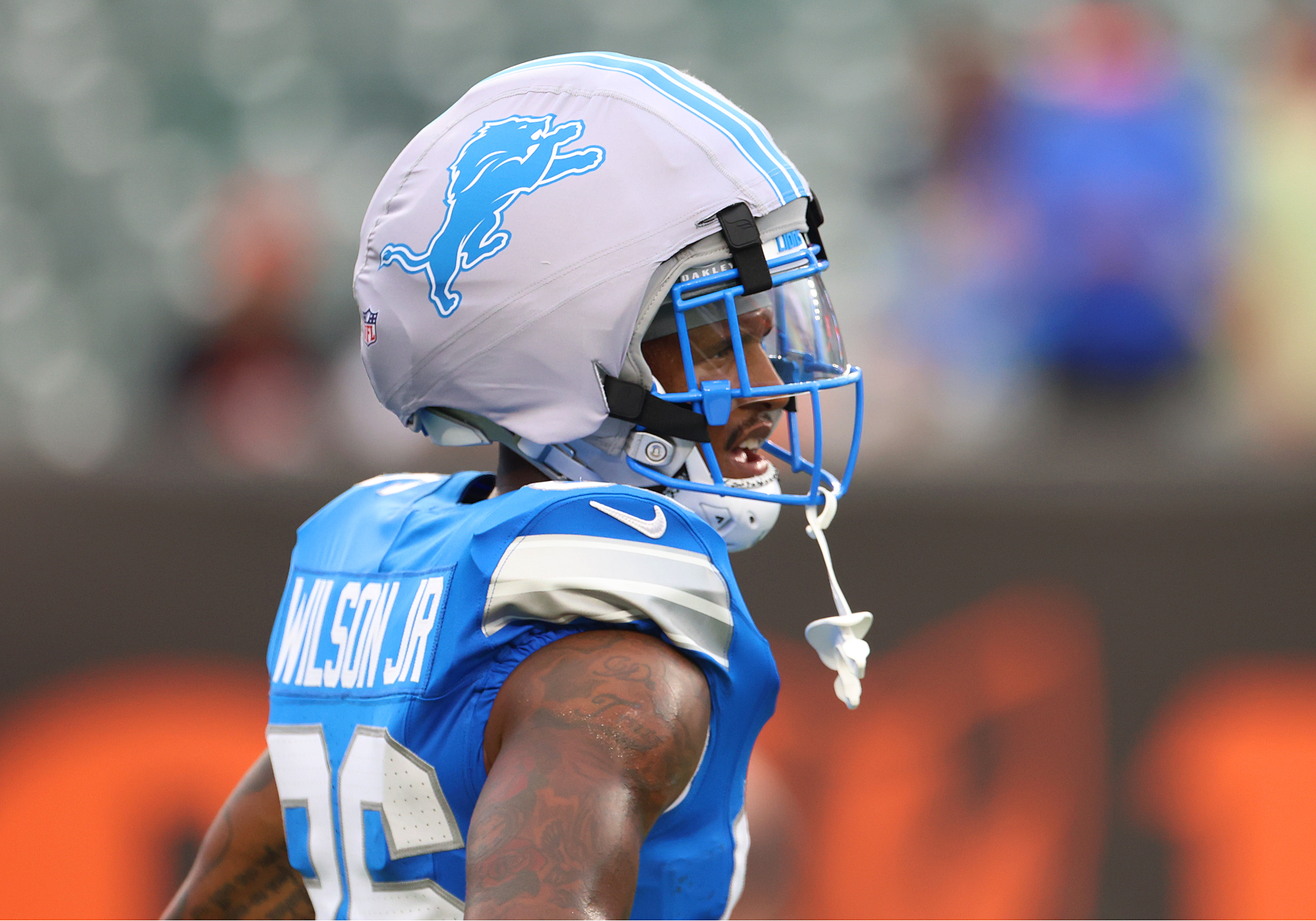 Wide receiver Cedrick Wilson Jr. of the Detroit Lions wears a Guardian Cap