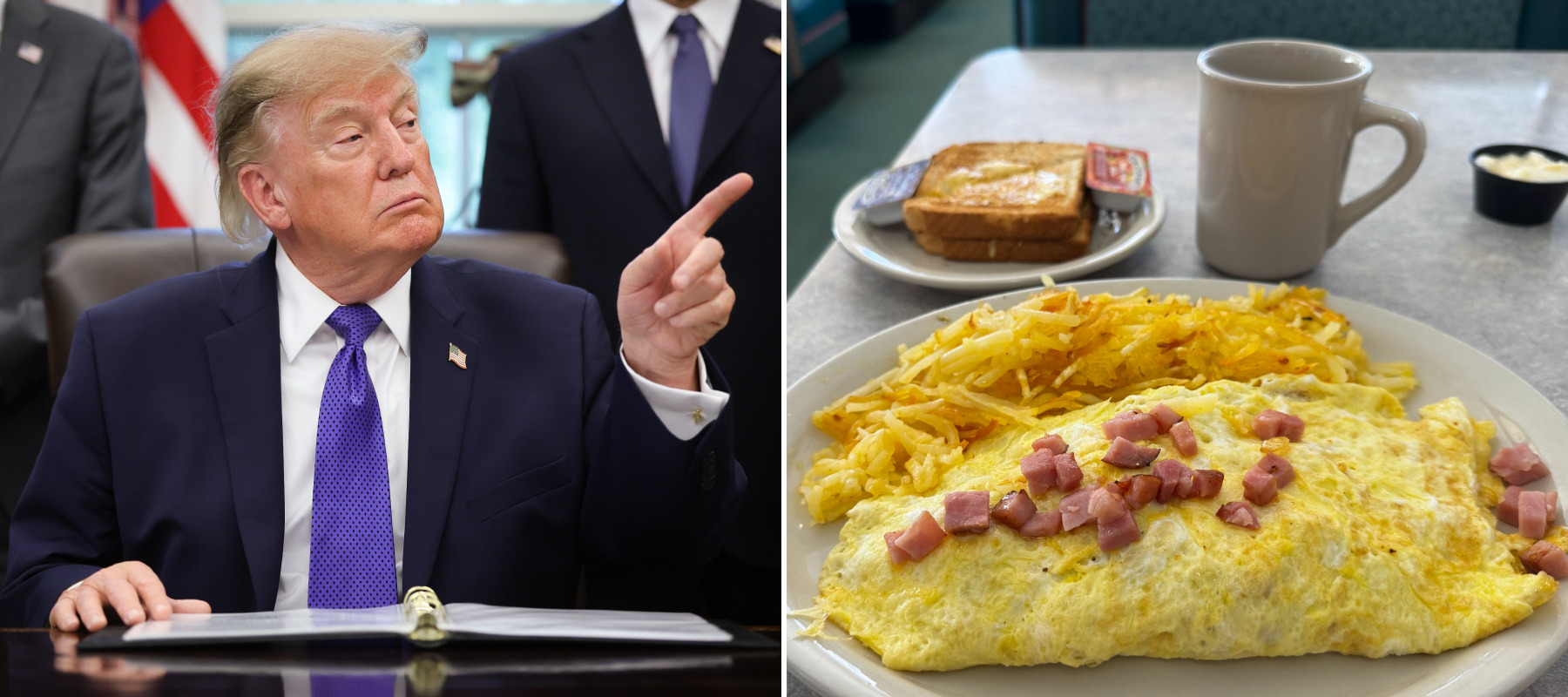 On the left, President Trump, and on the right, an omelette served with coffee and toast.