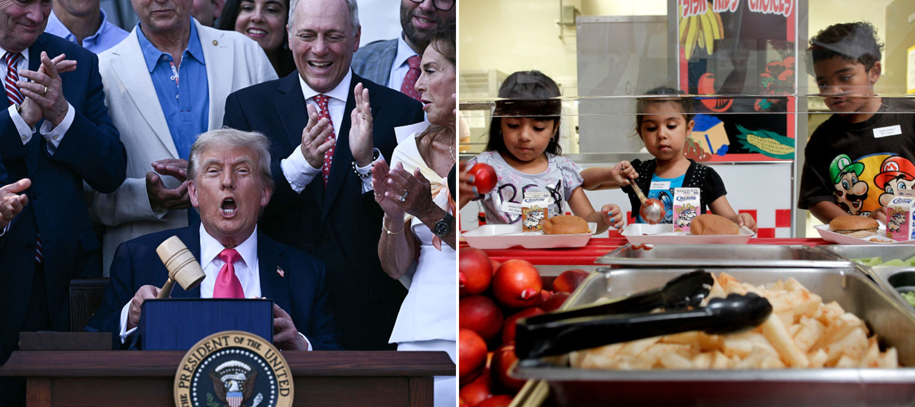 US President Donald Trump (C) holds a gavel after signing the "Big Beautiful Bill Act" at the White House in Washington, DC, and children on a school lunch line