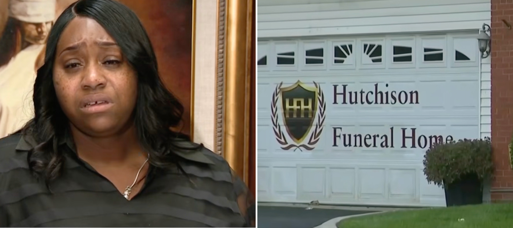 Photo of Bianca Robinson speaking at a press conference and the facade of Hutchison Funeral Home