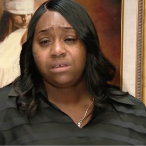 Photo of Bianca Robinson speaking at a press conference and the facade of Hutchison Funeral Home