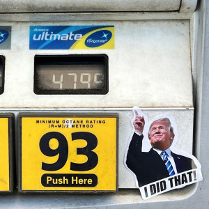 A photo of a Donald Trump sticker on a gas pump