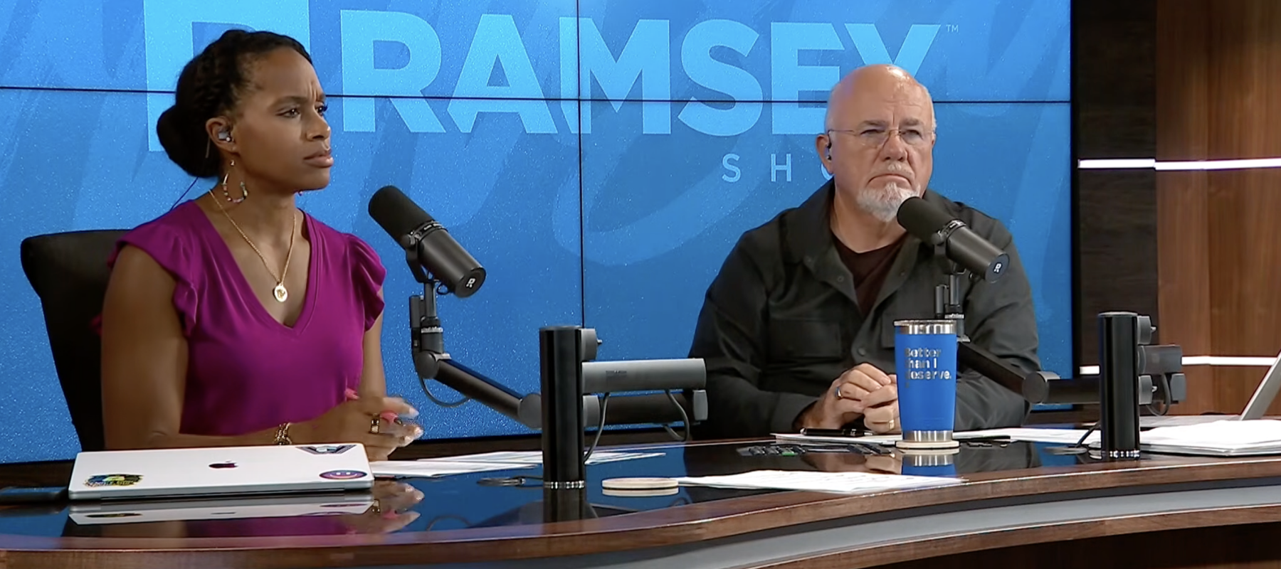 A photo of The Ramsey Show hosts Jade Warshaw and Dave Ramsey
