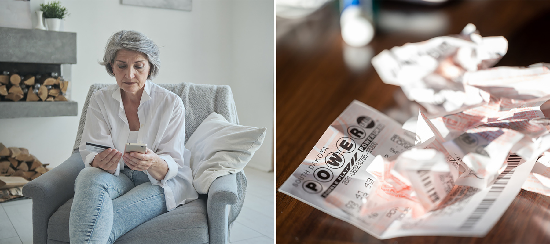 A two-column collage with a older woman, left, and a crumpled up Powerball ticket.