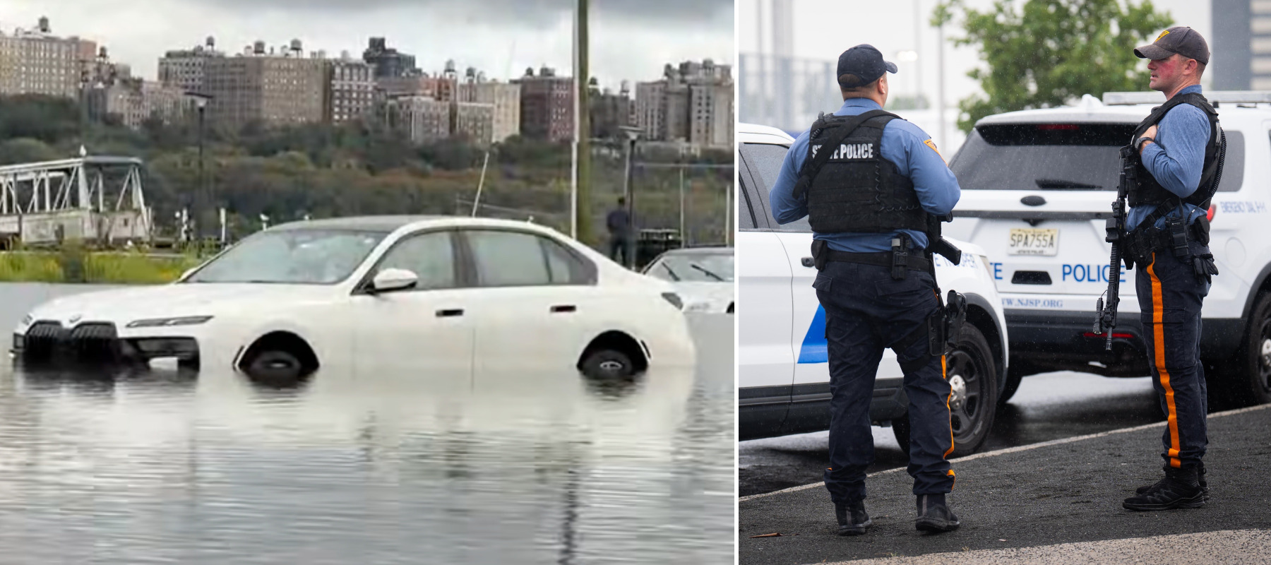 One of the cars that was flooded in the Edgewater parking lot, as well as officers in the New Jersey Police Department.