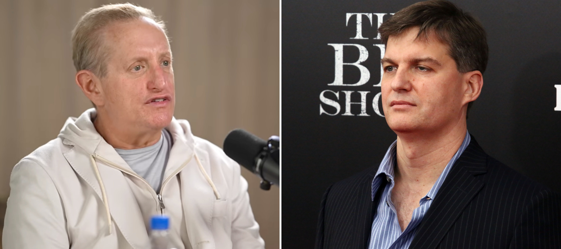 On the left, Steve Eisman speaking on the New Money podcast, and on the right, Michael Burry attending the premiere of The Big Short.
