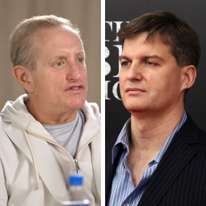 On the left, Steve Eisman speaking on the New Money podcast, and on the right, Michael Burry attending the premiere of The Big Short.