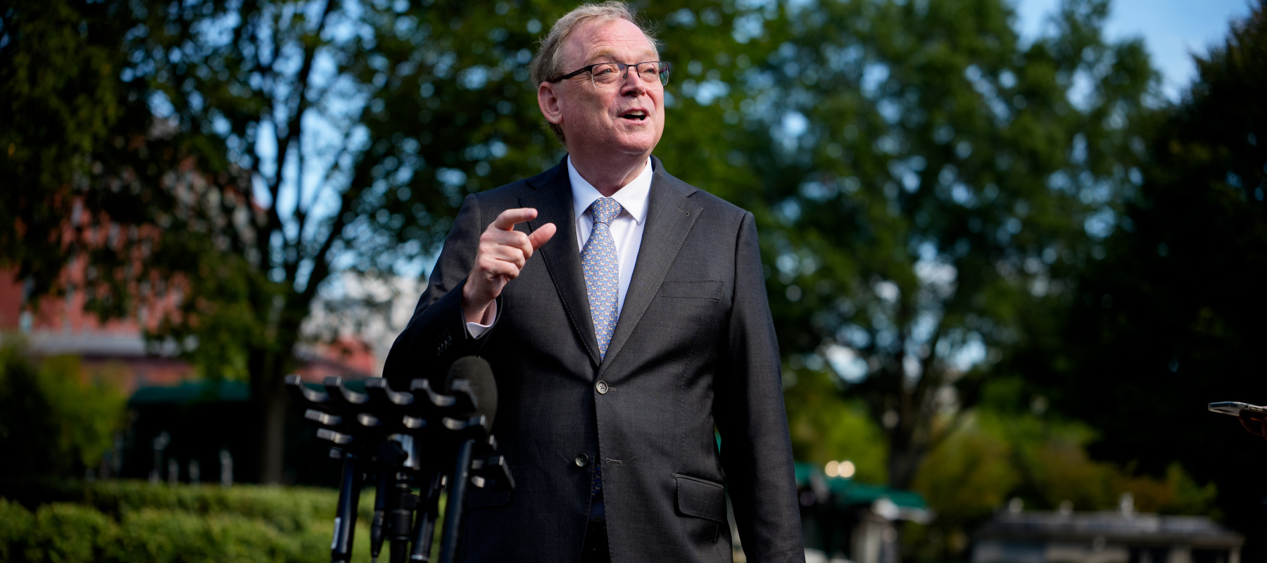 National Economic Council Director Kevin Hassett speaks to reporters outside the West Wing after a video interview on the North Lawn of the White House.