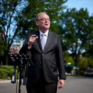 National Economic Council Director Kevin Hassett speaks to reporters outside the West Wing after a video interview on the North Lawn of the White House.