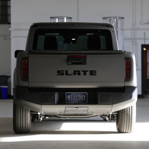 A Slate truck is displayed at the Slate Auto design studio.
