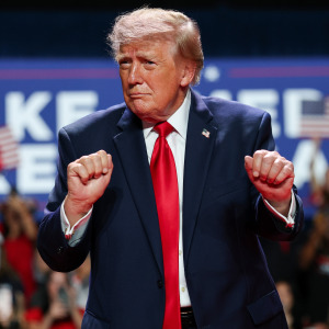 Trump dances as he leaves the stage after speaking during a campaign rally.