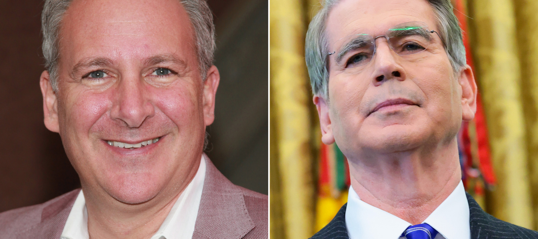 A two-column photo collage featuring economist Peter Schiff, left, and U.S. Treasury Secretary Scott Bessent.