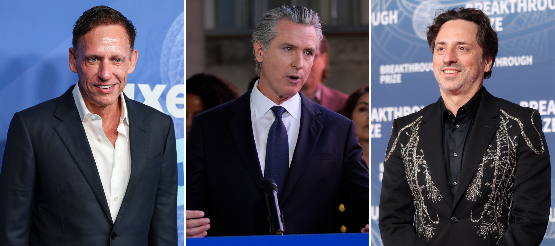 From left to right, Peter Thiel, Gavin Newsom and Sergey Brin.