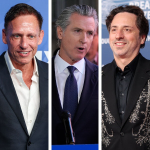 From left to right, Peter Thiel, Gavin Newsom and Sergey Brin.
