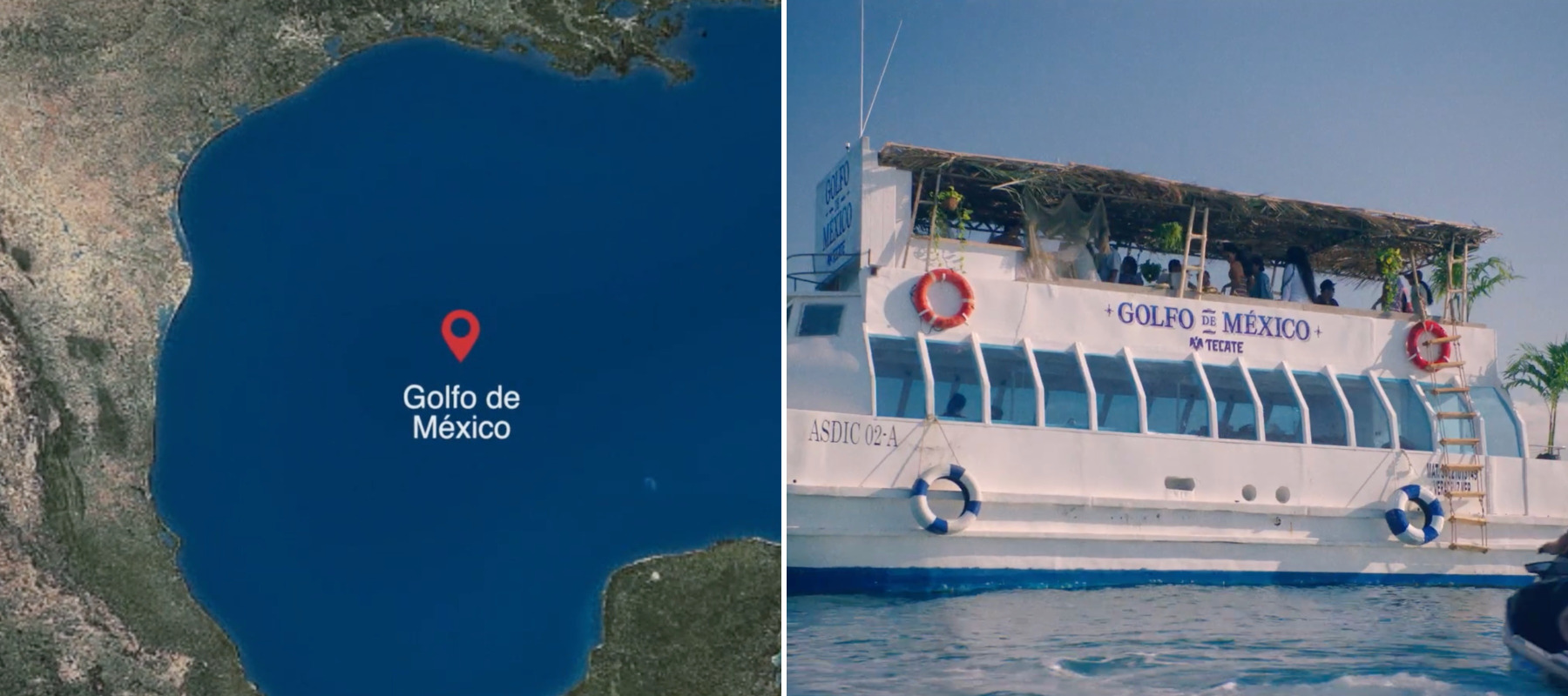 Two still images from the Tecate Gulf of Mexico Bar campaign.