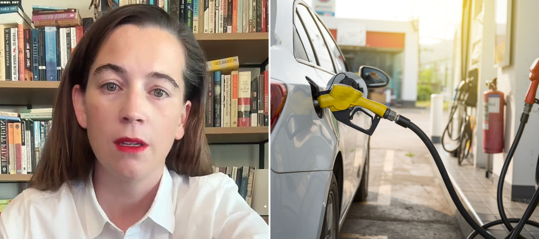 A split-panel photo of economist Kathryn Anne Edwards and a gas pump
