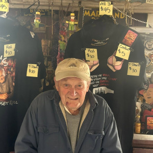 Two-panel image of Irvin E. Koch and his bar Club Sunset Knoll, better known as Irv's basement bar.