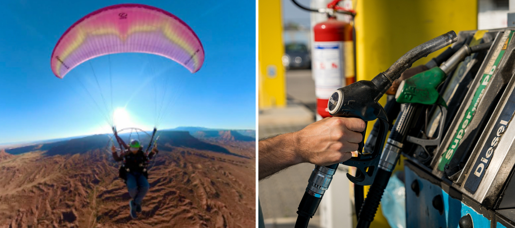 On the left, Jacob Hutzler, and on the right, a man filling up his car with gas.