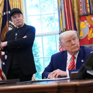 Elon Musk stands next to Trump in the Oval Office.