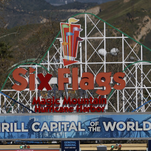 The entrance sign for Six Flags' amusement park in southern California.