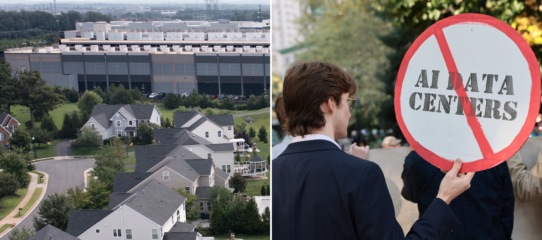 On the left, an aerial view of an Amazon data center adjacent to single-family homes, and on the right, a data center protester holding a sign.