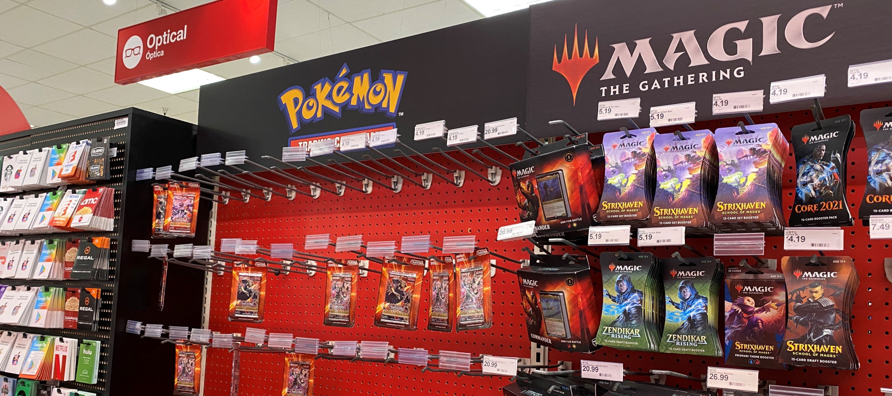Pokemon and Magic: The Gathering trading cards are displayed on shelves at a Target store in Los Angeles.