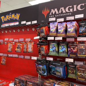 Pokemon and Magic: The Gathering trading cards are displayed on shelves at a Target store in Los Angeles.