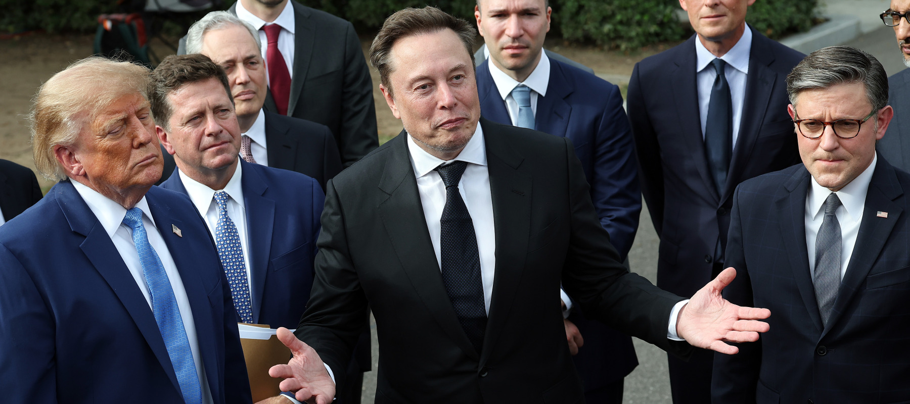 Elon Musk, CEO of Tesla and SpaceX, stands with U.S. President Donald Trump, Mark Zuckerberg, CEO of Meta Platforms, Speaker of the House Mike Johnson (R-LA).