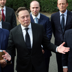 Elon Musk, CEO of Tesla and SpaceX, stands with U.S. President Donald Trump, Mark Zuckerberg, CEO of Meta Platforms, Speaker of the House Mike Johnson (R-LA).