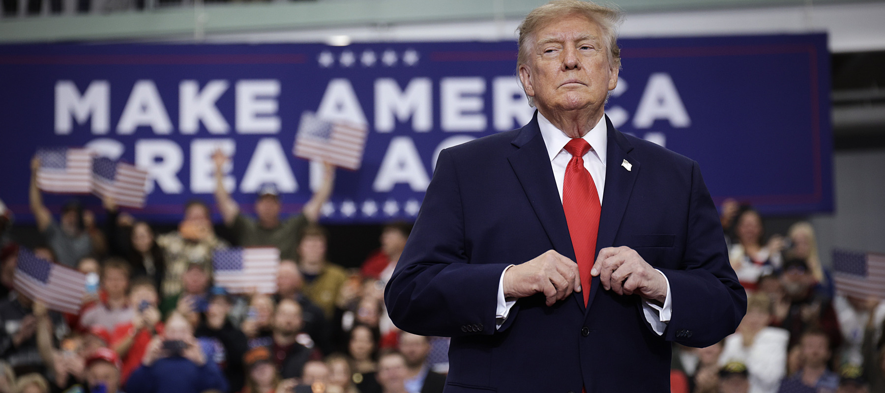 Donald Trump arrives for a campaign rally at the Menard Memorial Sports Center in Wasilla, Alaska.