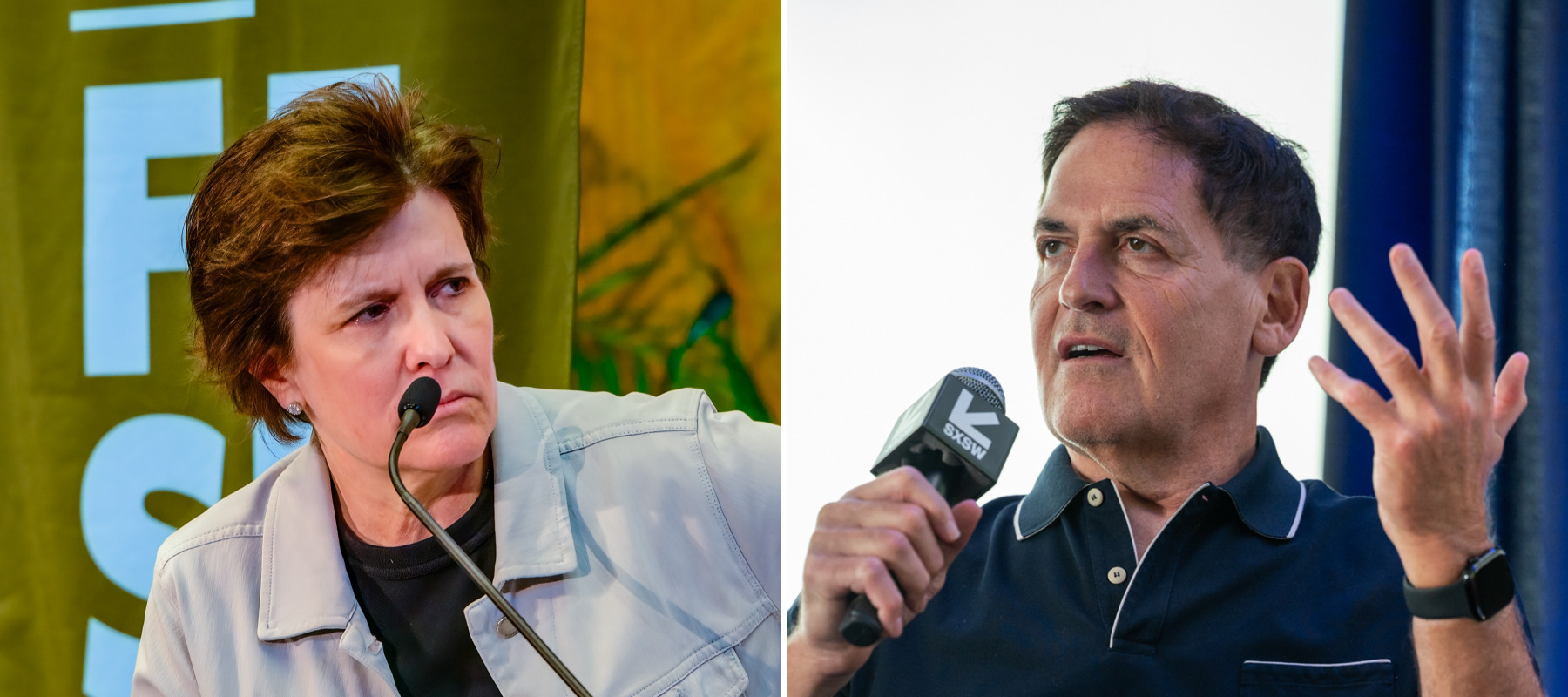 Kara Swisher, left, and Mark Cuban (right) speak into microphones