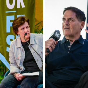 Kara Swisher, left, and Mark Cuban (right) speak into microphones