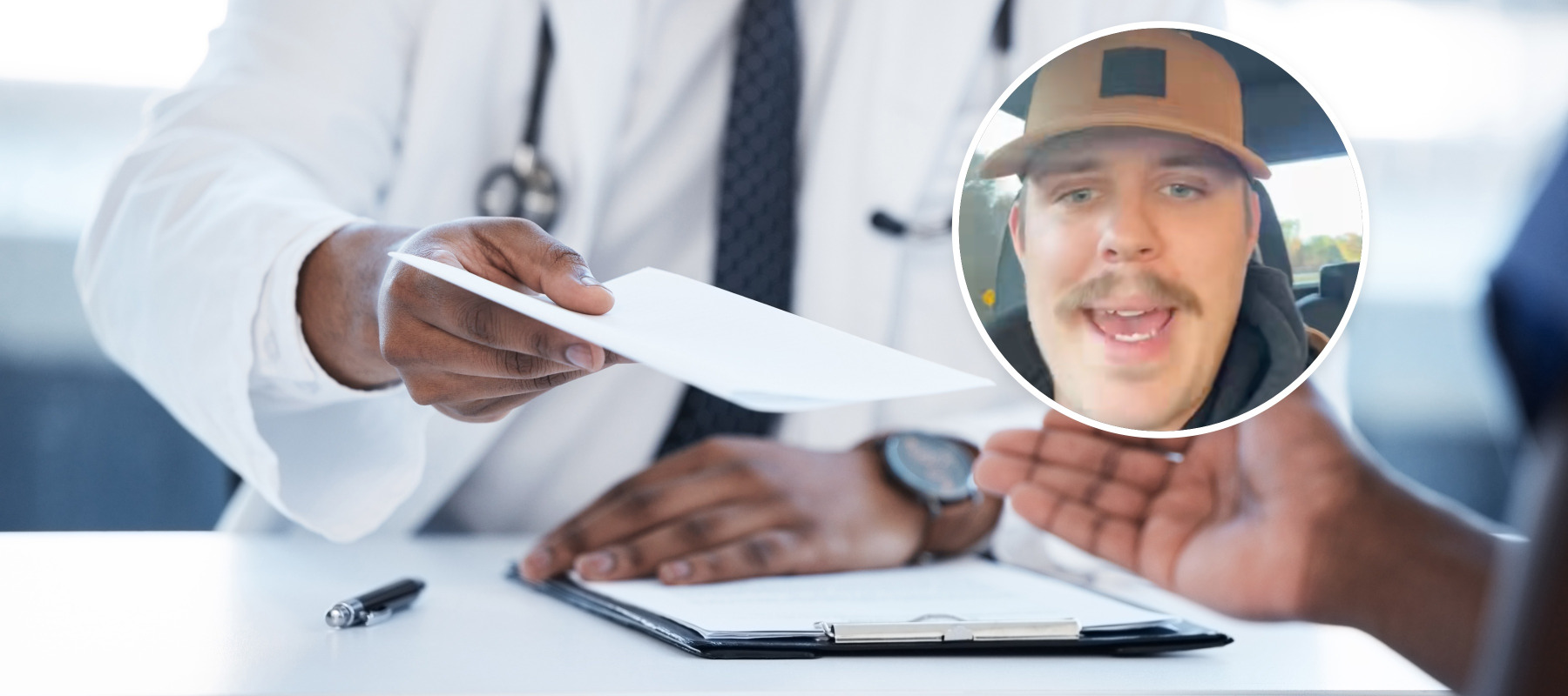 R: Doctor handing person medical bill, TikToker discussing medical bills