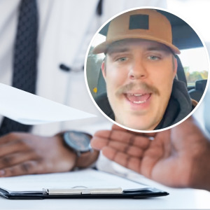 R: Doctor handing person medical bill, TikToker discussing medical bills
