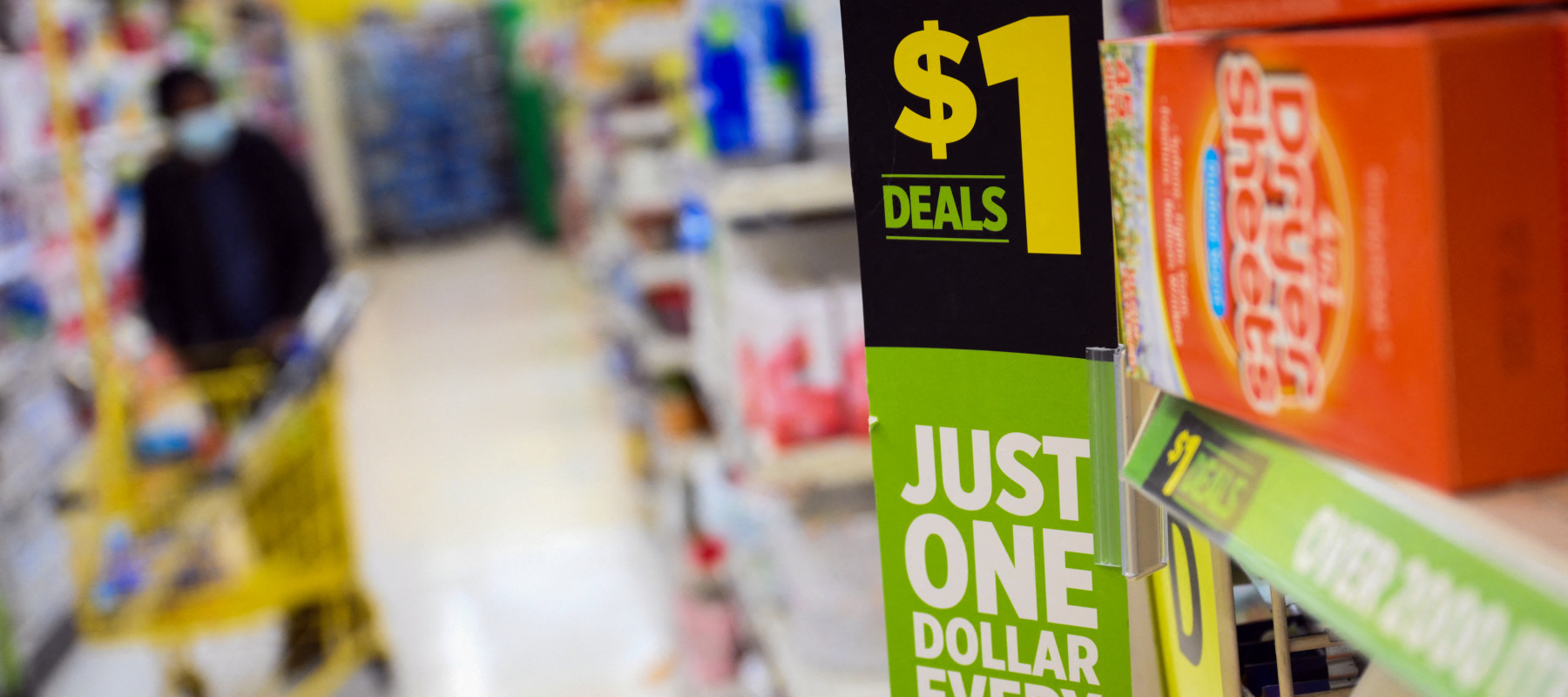 A one-dollar deals sign is displayed at a Dollar General discount store in Inglewood, California.