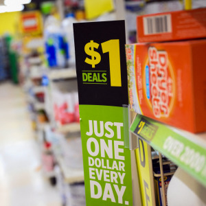 A one-dollar deals sign is displayed at a Dollar General discount store in Inglewood, California.