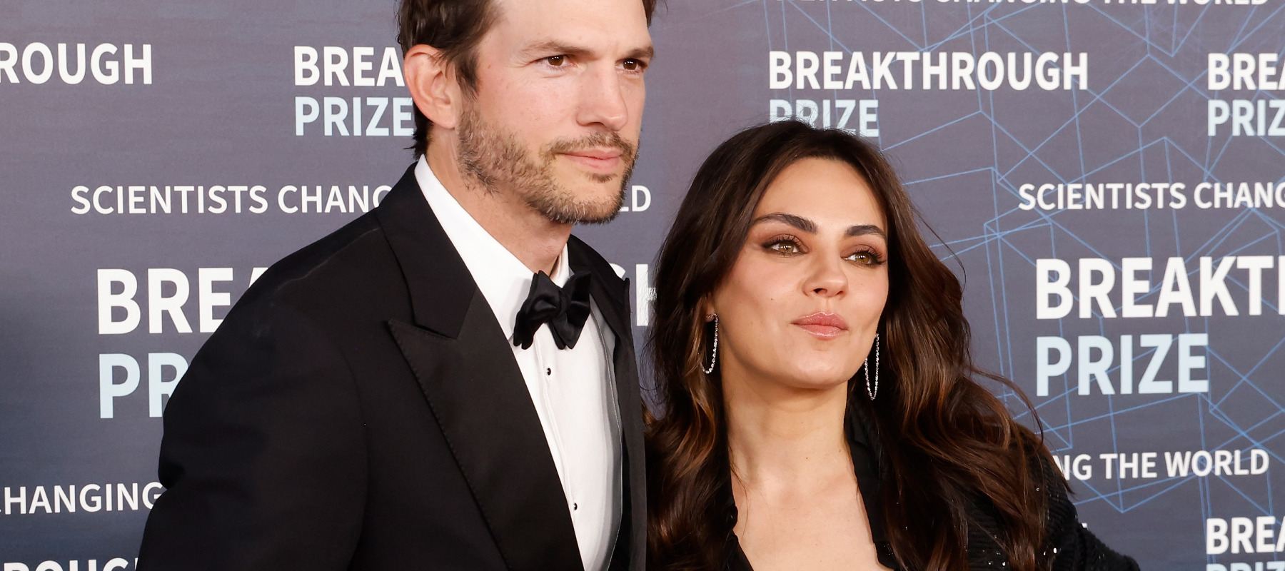 Ashton Kutcher and Mila Kunis attend the 9th annual Breakthrough Prize ceremony at Academy Museum of Motion Pictures in April 2023.