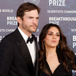 Ashton Kutcher and Mila Kunis attend the 9th annual Breakthrough Prize ceremony at Academy Museum of Motion Pictures in April 2023.