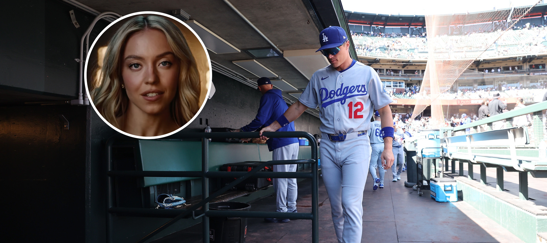 L: Sydney Sweeney in Novig ad, R: Alex Call in dugout