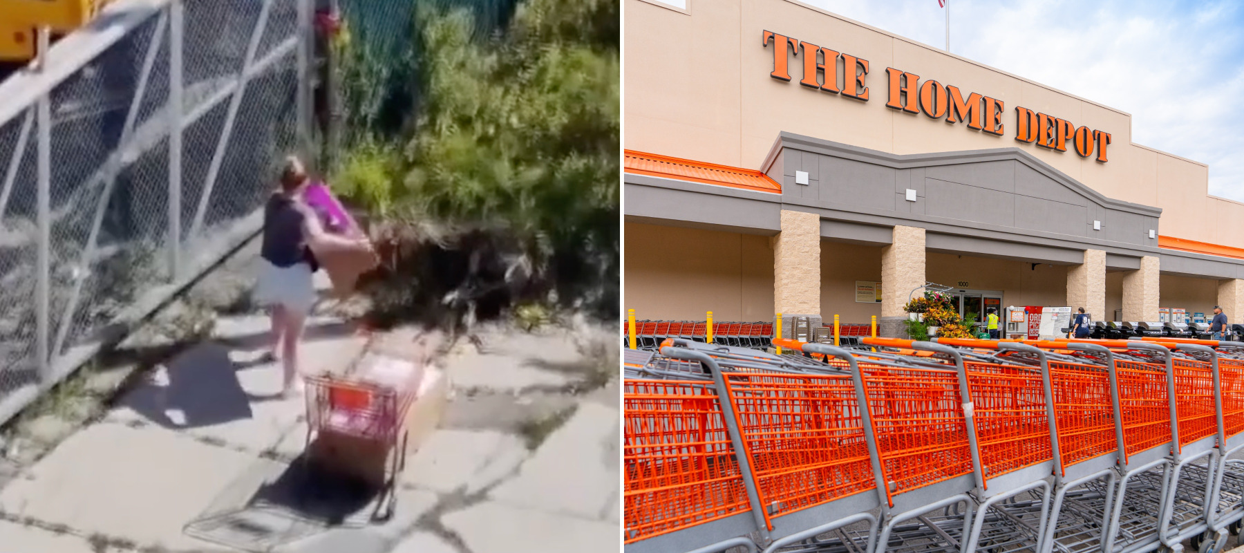 Two panel image of a woman caught on video allegedly stealing merchandise from Home Depot along with a photo of a storefront.