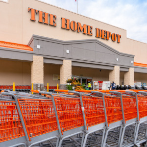 Two panel image of a woman caught on video allegedly stealing merchandise from Home Depot along with a photo of a storefront.