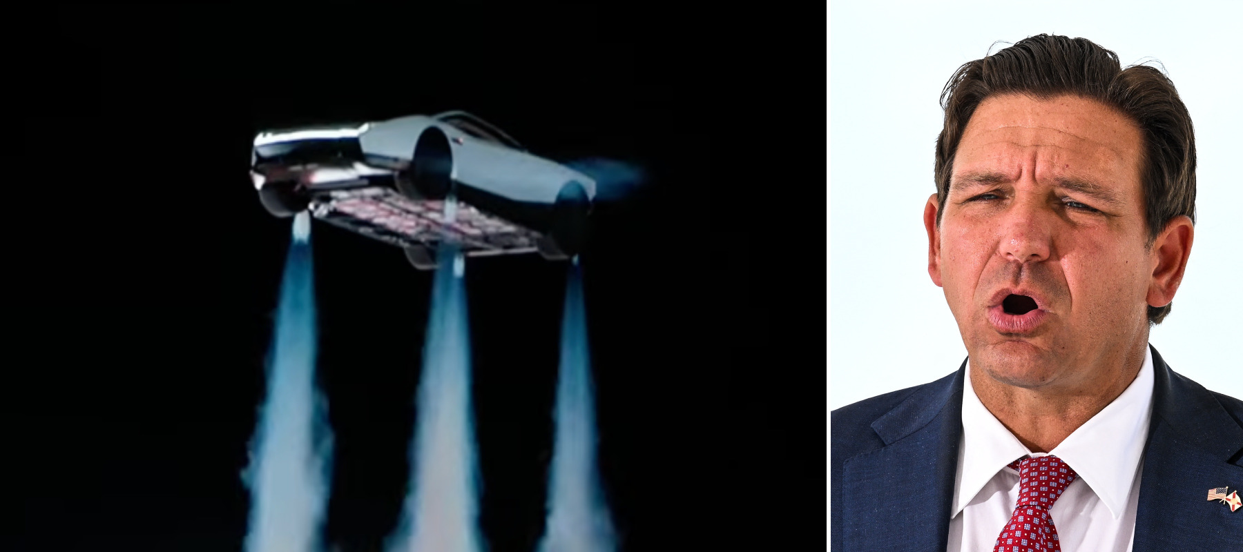 The first flight of Tesla's flying Roadster 'Rocket', next to Florida Gov. Ron DeSantis