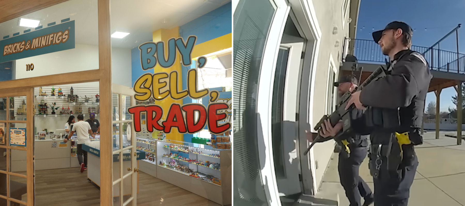A split-panel photo of Bricks &amp; Minifigs Lego shop and a police raid