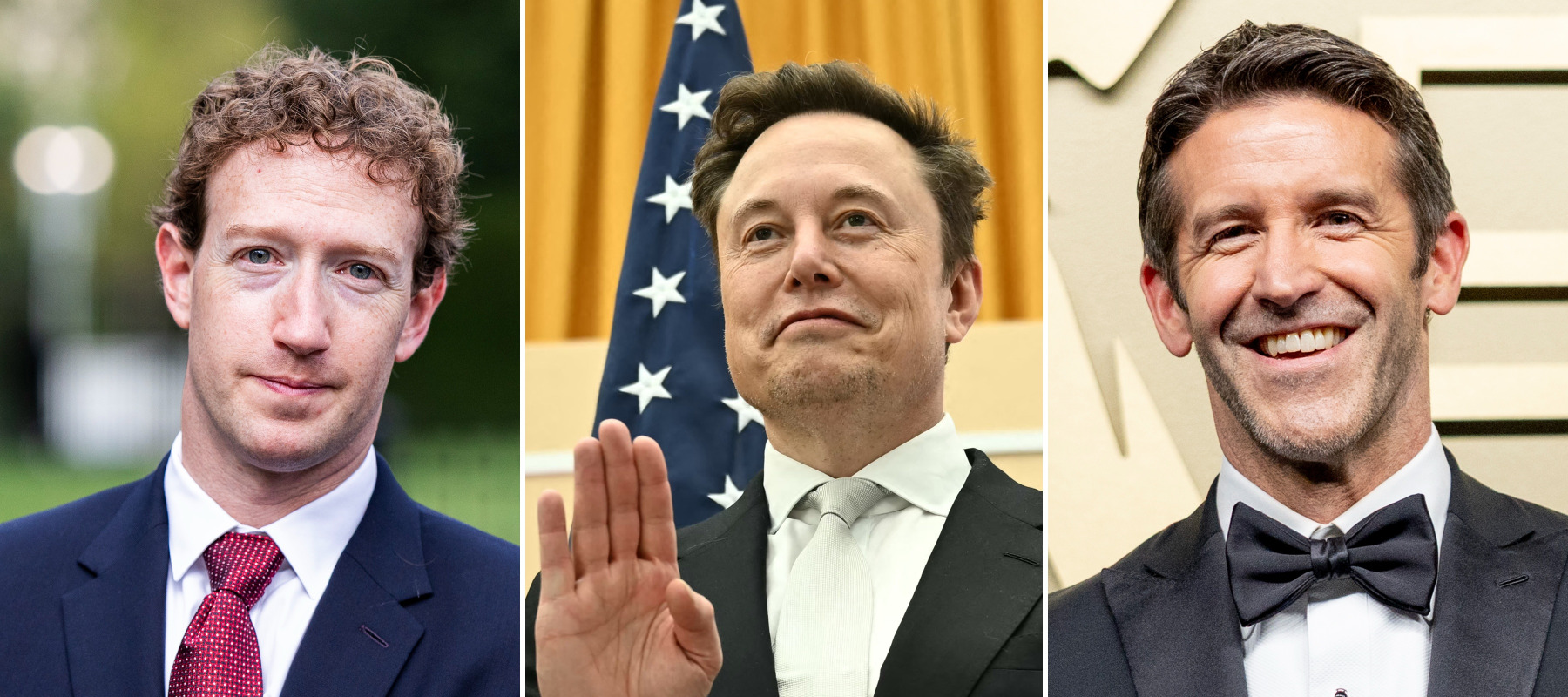 (Left) Mark Zuckerberg looks sad, Elon Musk waves (middle), and John Ternus smiles (right)