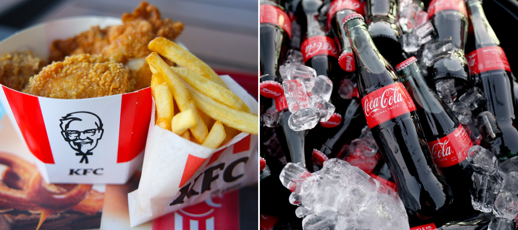 On the left, Chicken and fries ordered from KFC, and on the right, bottles of coca-cola.