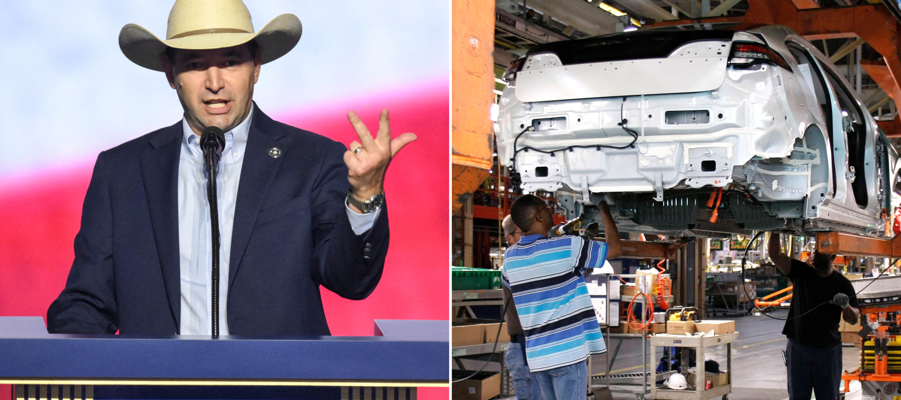 Montana Attorney General Austin Knudsen, left, and workers on the GM assembly line.