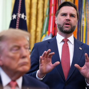 U.S. Vice President JD Vance speaks (R) during an event with U.S. President Donald Trump in the Oval Office of the White House on October 20.