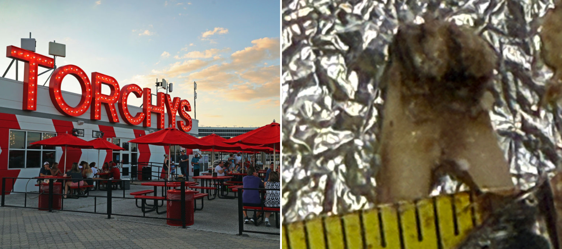 Photo of Torchy’s Tacos and the cow tooth allegedly found in a taco there