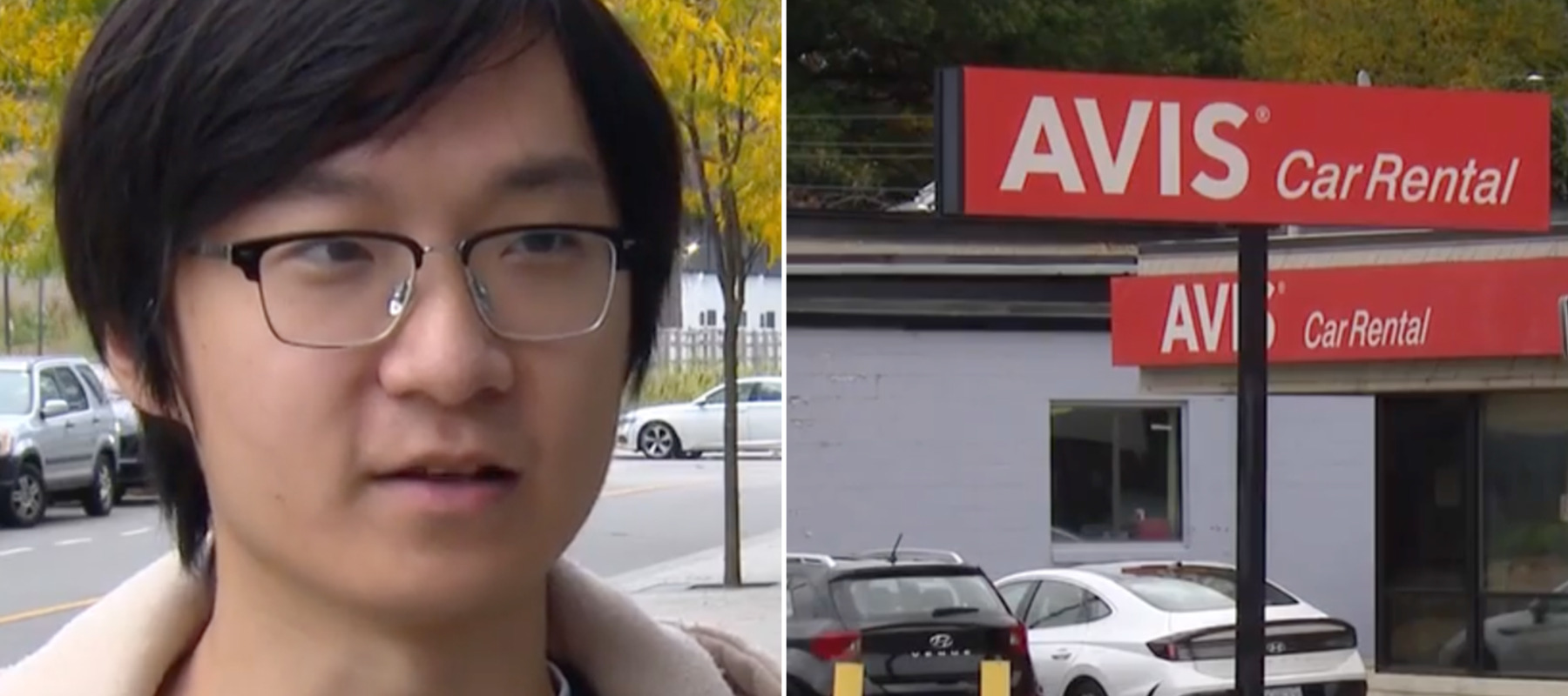 A man was is interviewed in a two-column collage featuring the rental company on the right.
